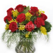 Red Roses Bouquet with Mimosa