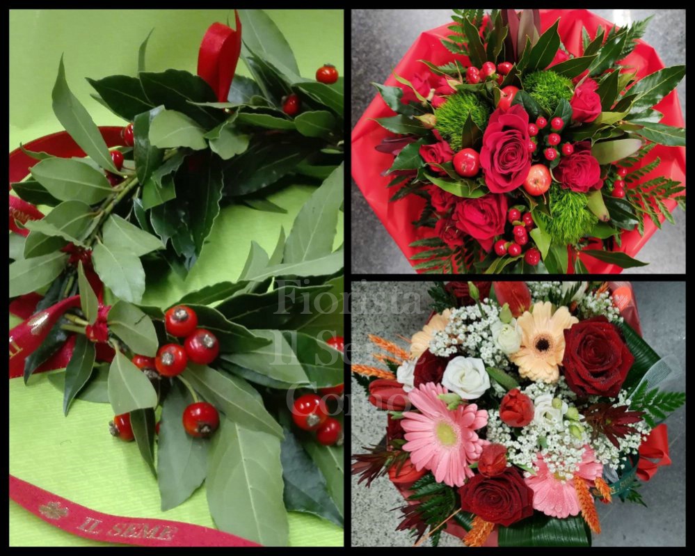 Foto Laurel Wreath with red berries and flowers